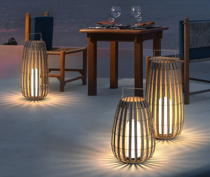 Solar powered outdoor patio and lawn bamboo rattan portable lamp