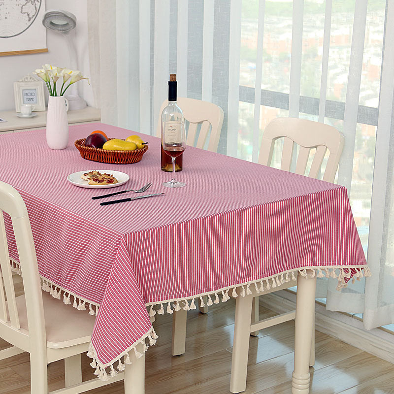 Linen Cotton Small Round Table Simple Striped Tablecloth