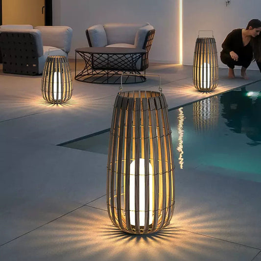 Solar powered outdoor patio and lawn bamboo rattan portable lamp