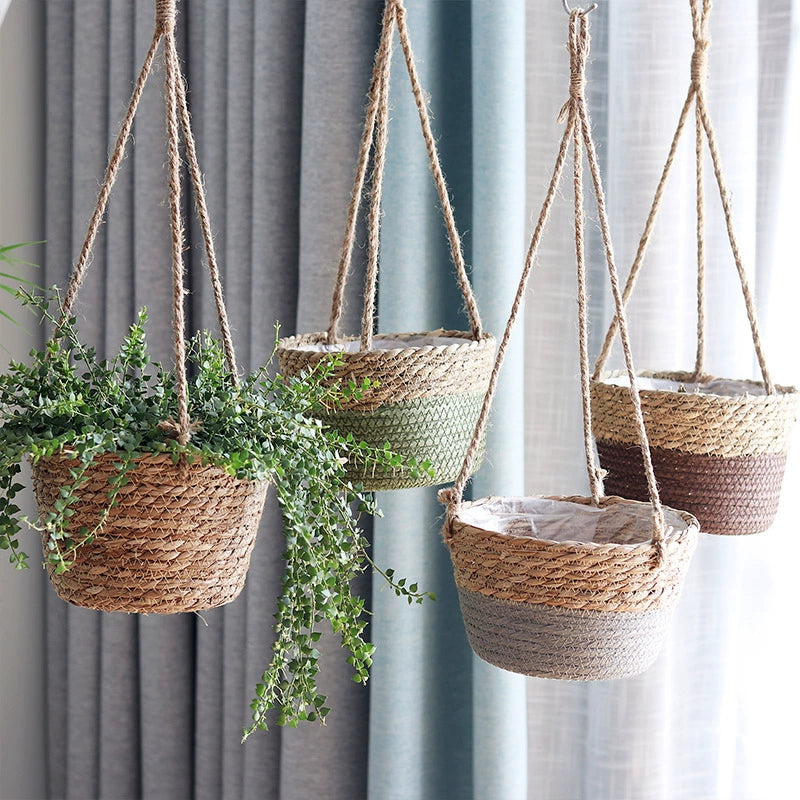 Rattan Woven Straw Baskets Hanging Flower Pot Green Plant Planting Flower Basket Green Radish Pot Garden Decorative Flowerpot Handmade Basket