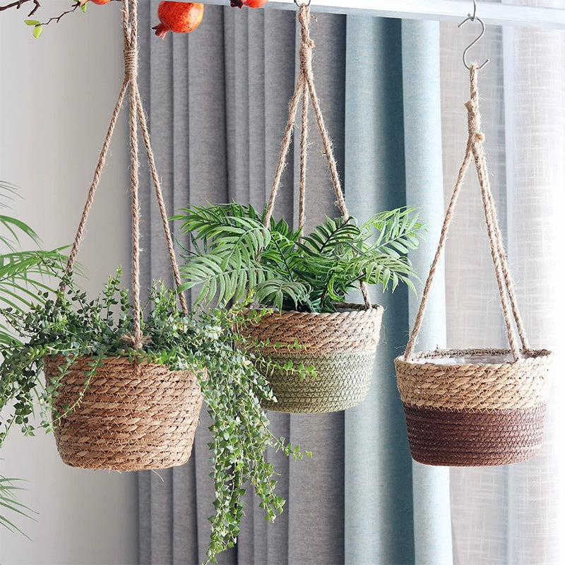 Rattan Woven Straw Baskets Hanging Flower Pot Green Plant Planting Flower Basket Green Radish Pot Garden Decorative Flowerpot Handmade Basket