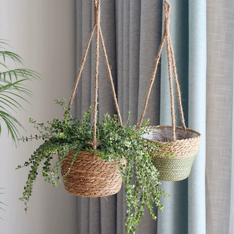 Rattan Woven Straw Baskets Hanging Flower Pot Green Plant Planting Flower Basket Green Radish Pot Garden Decorative Flowerpot Handmade Basket