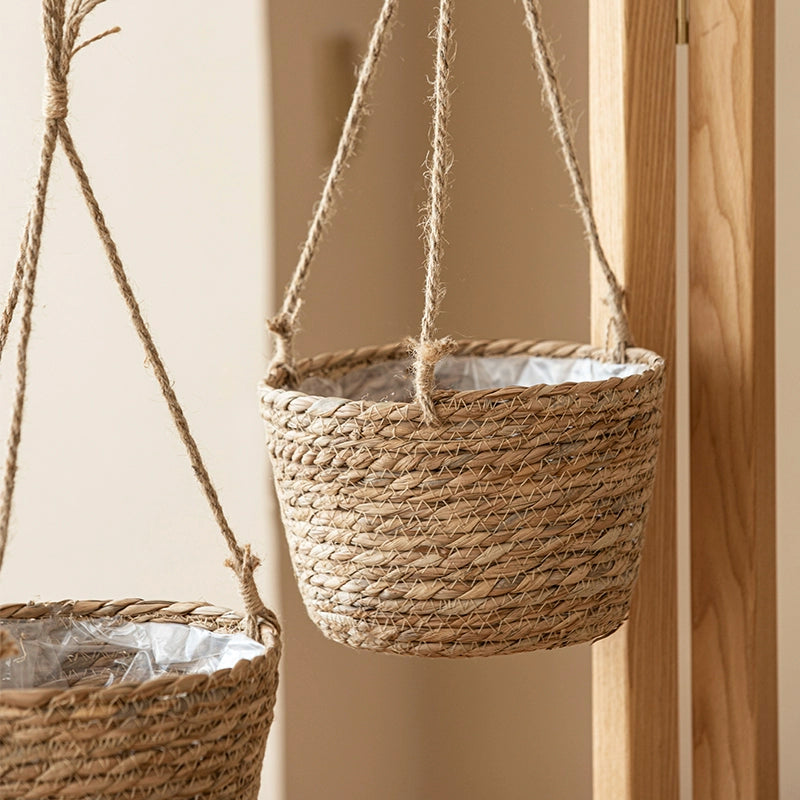 Shangshang Home Hand-Made Straw Baskets Pastoral Style Papyrus Woven Hanging Basket Green Plant Chlorophytum Green Radish Hanging Flower Pot