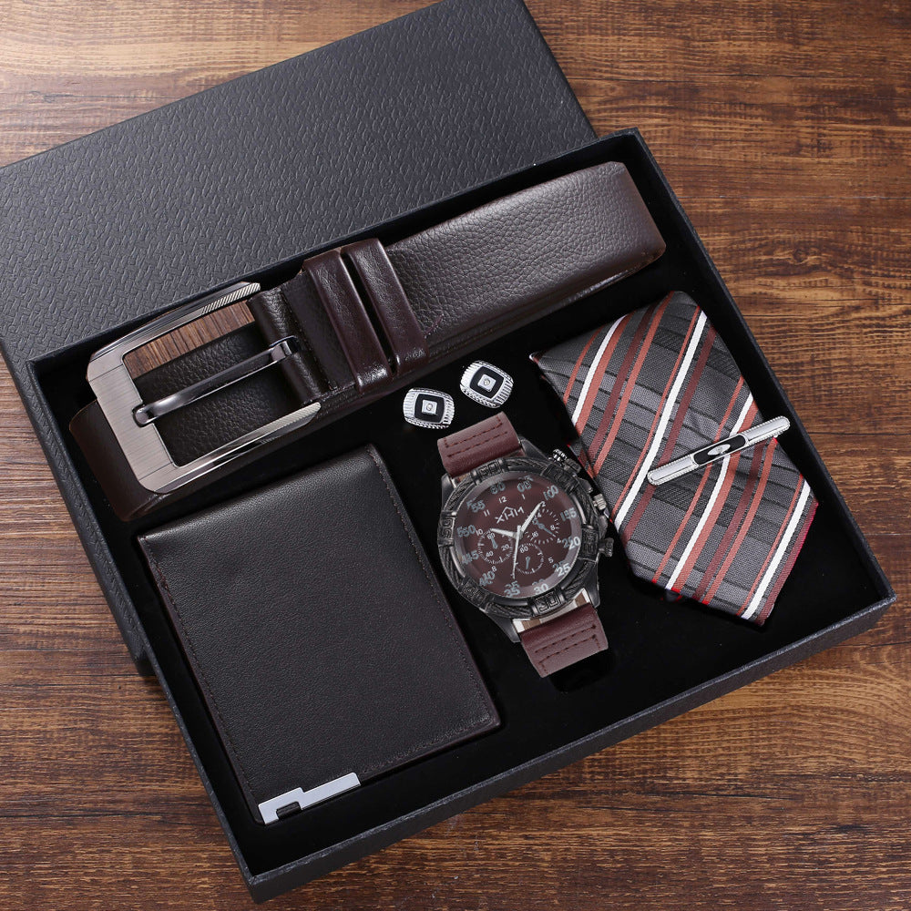 5-Piece Men's Gift Set - Belt, Wallet, Tie, Dial Quartz Watch, and Cufflinks