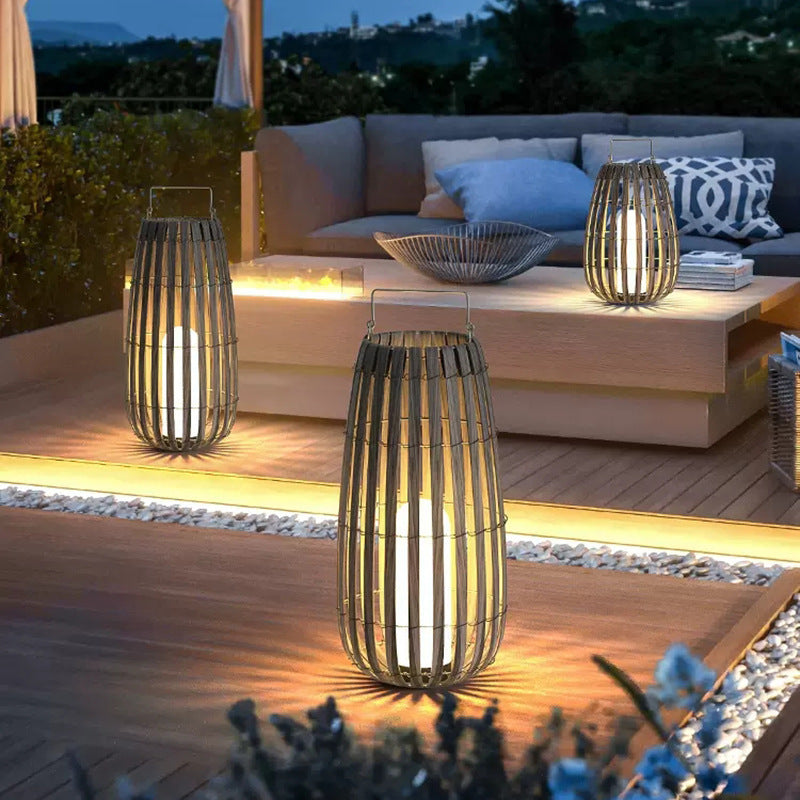 Solar powered outdoor patio and lawn bamboo rattan portable lamp