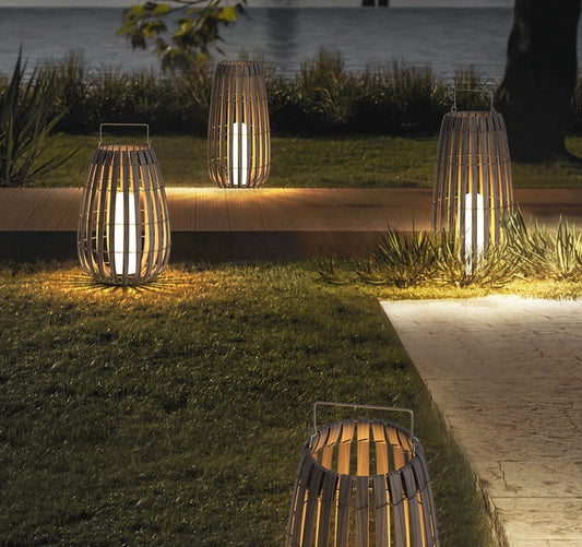 Solar powered outdoor patio and lawn bamboo rattan portable lamp