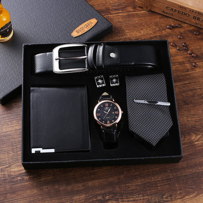 5-Piece Men's Gift Set - Belt, Wallet, Tie, Dial Quartz Watch, and Cufflinks