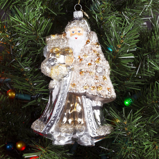 Pier 1 Silver Santa with Christmas Tree and Presents Glass Christmas Ornament - Pier 1