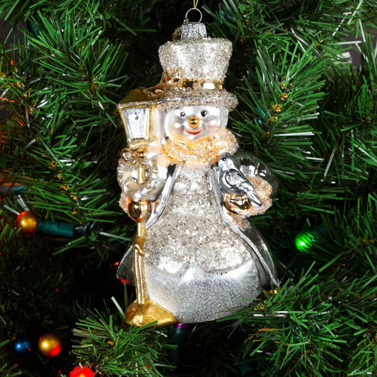 Pier 1 Silver Snowman with Lantern Glass Christmas Ornament - Pier 1